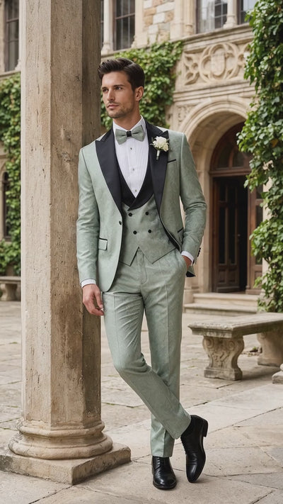 Men’s Sage Green Wedding Tuxedo with Black Shawl Lapel – 3 Piece Groom Prom Suit Mintish Color