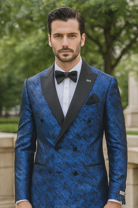 Blue Double Breasted Rough Streak Pattern Satin Peak Lapel Stacy Adams Men's Jacket