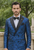 Blue Double Breasted Rough Streak Pattern Satin Peak Lapel Stacy Adams Men's Jacket