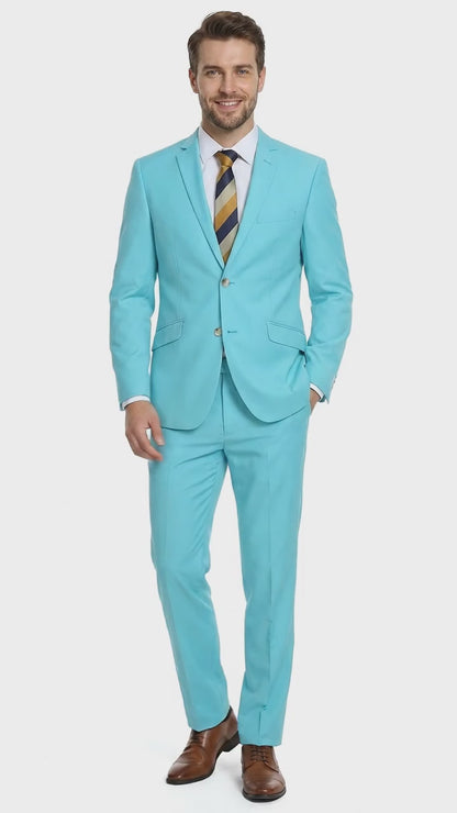 Men’s Aqua Blue 2 Piece 2 Button Suit, Formal Dress Suit for Weddings, Prom, Parties, Summer Events, Turquoise Light blue