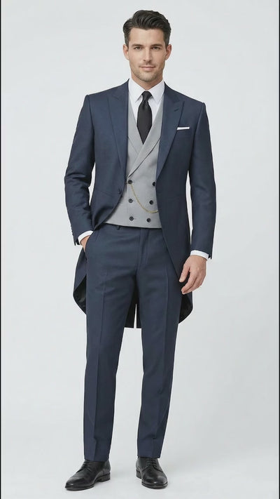 Men’s Navy Blue Three Piece Formal Suit – Cutaway Tuxedo Blazer Trousers for Wedding Tailcoat
