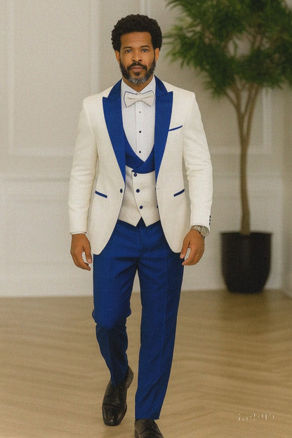 Hilton White and Royal Blue Paisley Peak Lapel Tuxedo Jacket with Matching Shawl Vest and Wool Pants – Includes Bow Tie