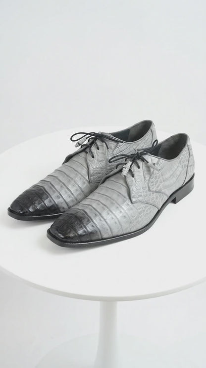Men’s Los Altos Gray Two Tone Genuine Caiman Belly Lace-Up Oxford Shoes, Exotic Dress Shoes