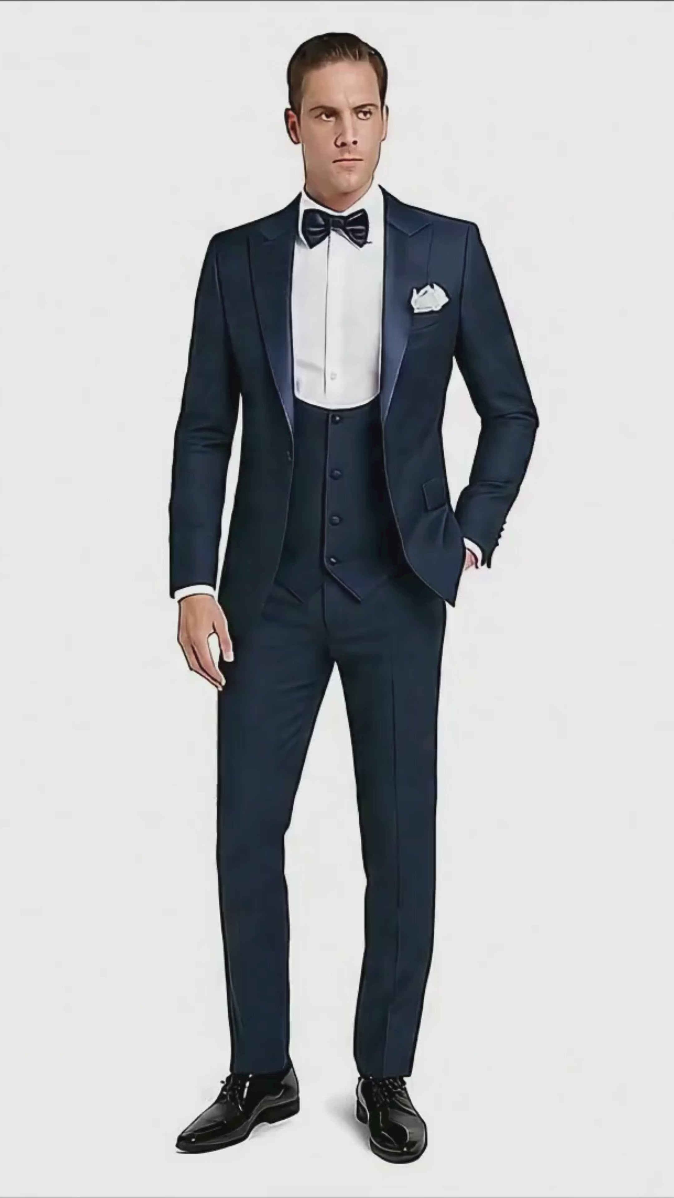 Men’s Navy Blue Tuxedo with Satin Peak Lapel with navy sateen  – 3 Piece Formal Suit with Vest and Bow Tie