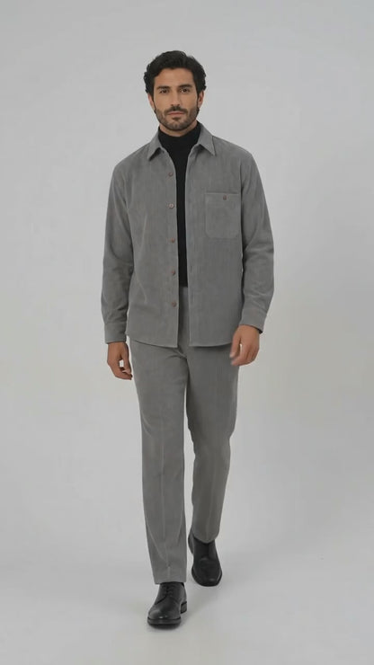 Mens Corduroy Shirt and Pants Walking Suit in Winter Cotton Fabric Casual in Color Grey leisure Style