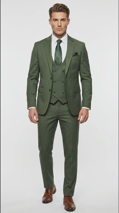 Men’s Forest Green Three Piece Suit – Double Breasted Vest Formal Wedding and Business Suit Set Olive Green Slim Fit