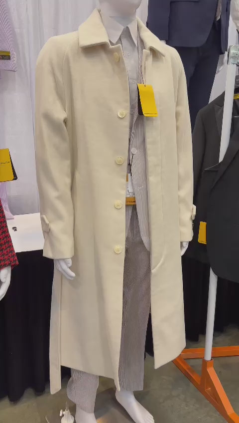 Mens Cream Overcoat - Full Length Ivory Topcoat Wool Fabric - Belted Coat