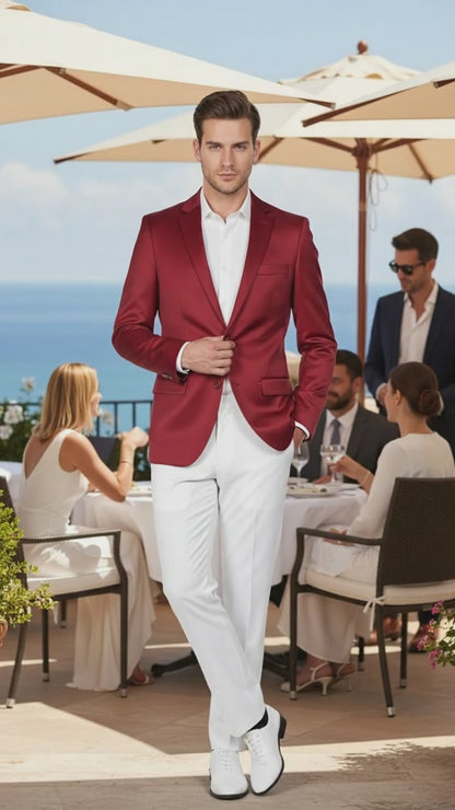 Premium Men's Burgundy  Satin Slim Fit Blazer – Elegant Party & Wedding Suit Jacket in Maroon Wine Color