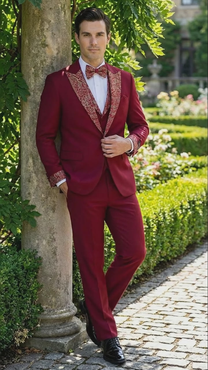 Men's Burgundy and White Embellished Tuxedo Suit – Slim Fit 3-Piece Formal Wedding, Prom, and Gala Outfit