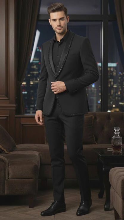 Mens Classic Black Designer Tuxedo Suit with Beaded Lapel – Elegant Formal and Party Wear Jacket and Pants