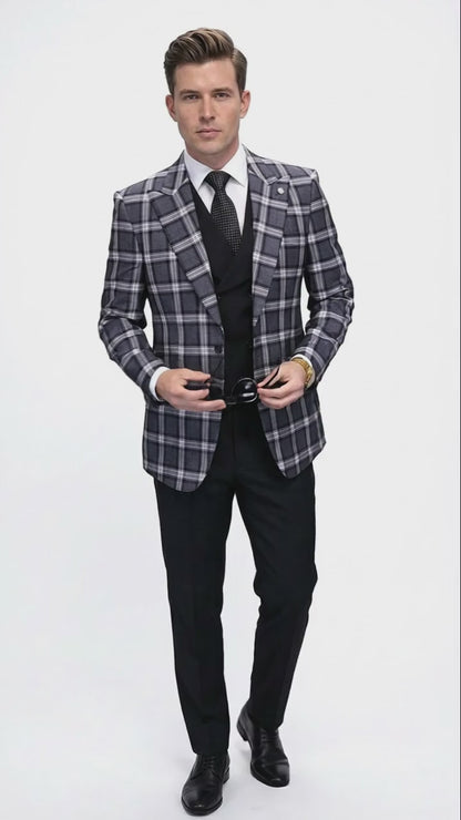 Men’s Big and Tall Charcoal Gray and Black Plaid Blazer – Grey Checker Windowpane Sport Coat