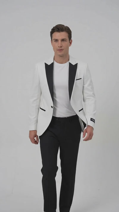 Men's White Sparkle Dinner Jacket – Black Satin Shawl Lapel Tuxedo Blazer   Slim Fit Sequin Shiny Prom Jacket