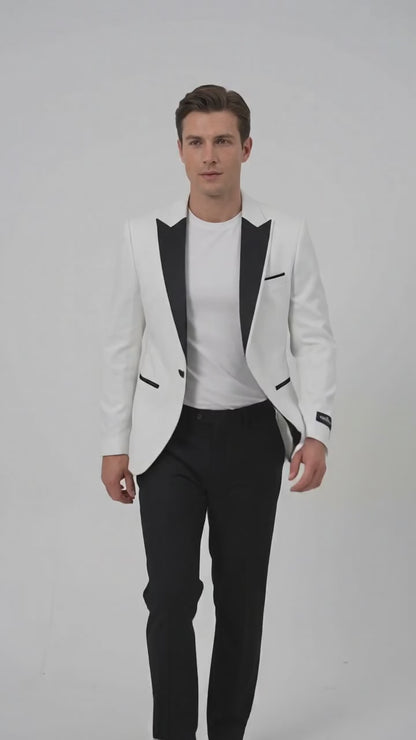 Men's White Sparkle Dinner Jacket – Black Satin Shawl Lapel Tuxedo Blazer   Slim Fit Sequin Shiny Prom Jacket