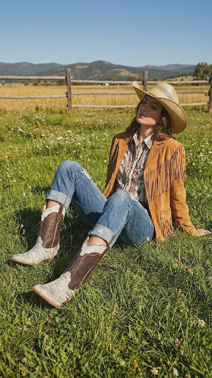 Women’s White and Brown Cowhide Leather Rodeo Boots, Western Pull On Cowboy Boots