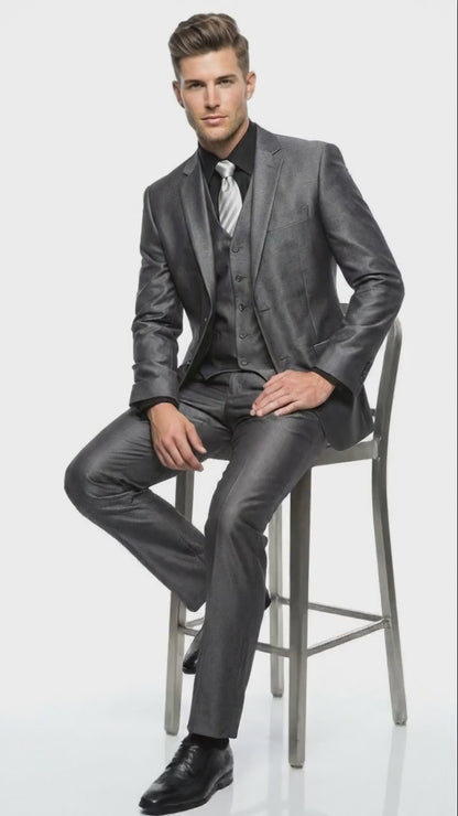 Mens Charcoal Gray Suit With Sheen -  | Shiny Texture Fabric Three Piece Wedding and Party Business