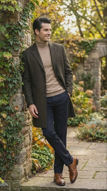 Men’s Brown Checkered Wool Overcoat – Long Winter Coat with Classic Plaid Pattern By Statement