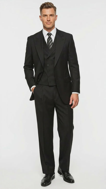 Tiglio Mens Black 3 Piece Suit – Single Button Classic Fit Pleated Wide Leg Pants Formal Business Chruch Suit - 100% Wool