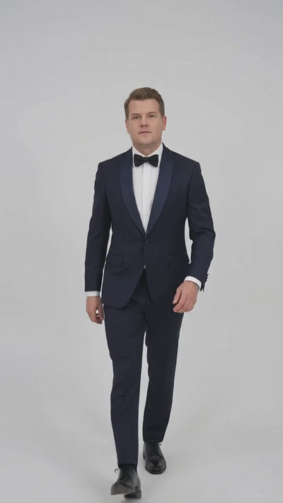 Men’s Navy James Bond Tuxedo Dinner Jacket – Satin Shawl Lapel Wedding, Prom and Black-Tie Blazer