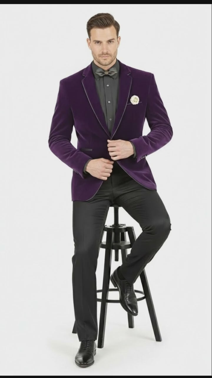 Men’s Purple Velvet Blazer – Luxury Slim Fit Formal Jacket with Black Satin Trim Tuxedo Dinner Jacket