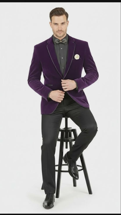 Men’s Purple Velvet Blazer – Luxury Slim Fit Formal Jacket with Black Satin Trim Tuxedo Dinner Jacket