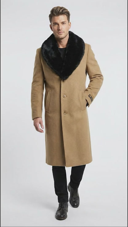 Men’s Camel Tan Long Overcoat with Black Faux Fur Collar - Wool Topcoat Three if not Full length