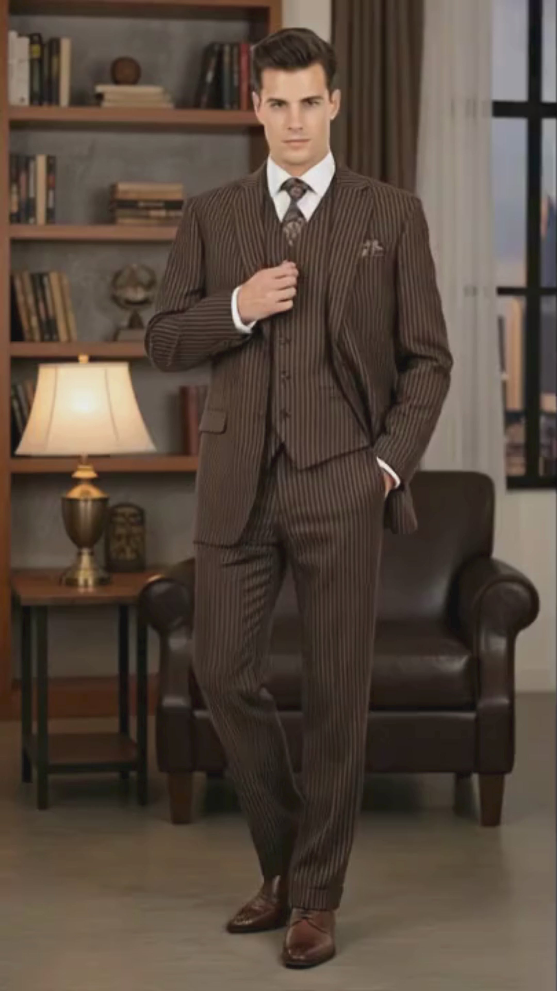 Men’s Brown Pinstripe 3-Piece Suit – Classic Business and Formal Wear with Vest