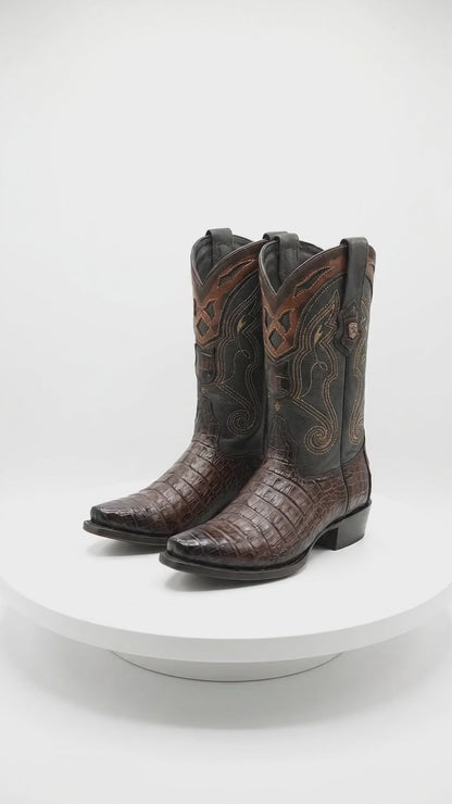 Men’s Brown Caiman Snip Toe Cowboy Boots with Embroidered Shaft, Exotic Western Dress Boots