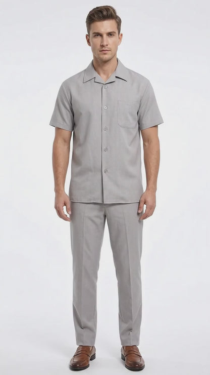 Men’s Light Grey 100% Linen Walking Suit, Short Sleeve Shirt and Pants Casual Leisure Set