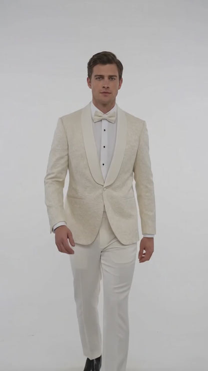 Men’s Ivory Off White Jacquard Dinner Jacket – Cream Tuxedo Blazer for Weddings & Formal Events + Bowtie included
