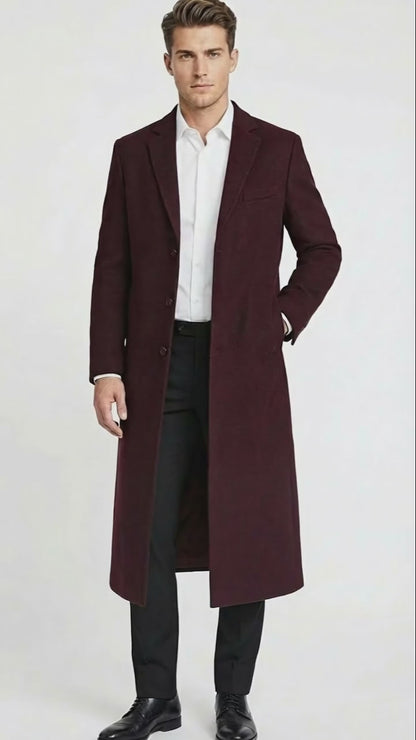 Men’s Burgundy Long Coat – Classic Fit Wool Blend Overcoat - Topcoat Full length