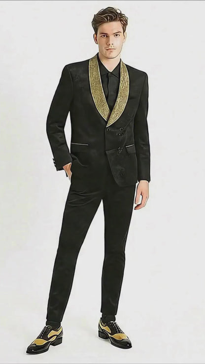 Mens Black and Gold Jacquard Tuxedo Blazer – Luxury Shawl Collar Wedding and Party Smoking Jacket