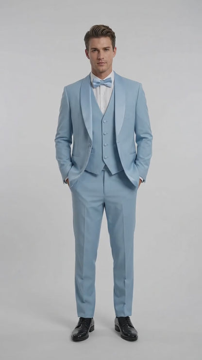 Men’s Powder Blue 3-Piece Tuxedo – Light Blue Wedding & Prom Suit with Vest in Light Blue Sky Color