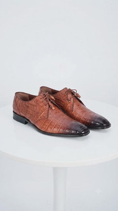 Men’s Los Altos Cognac Crocodile Italian Toe Shoes, Exotic Lace Up Dress Shoes