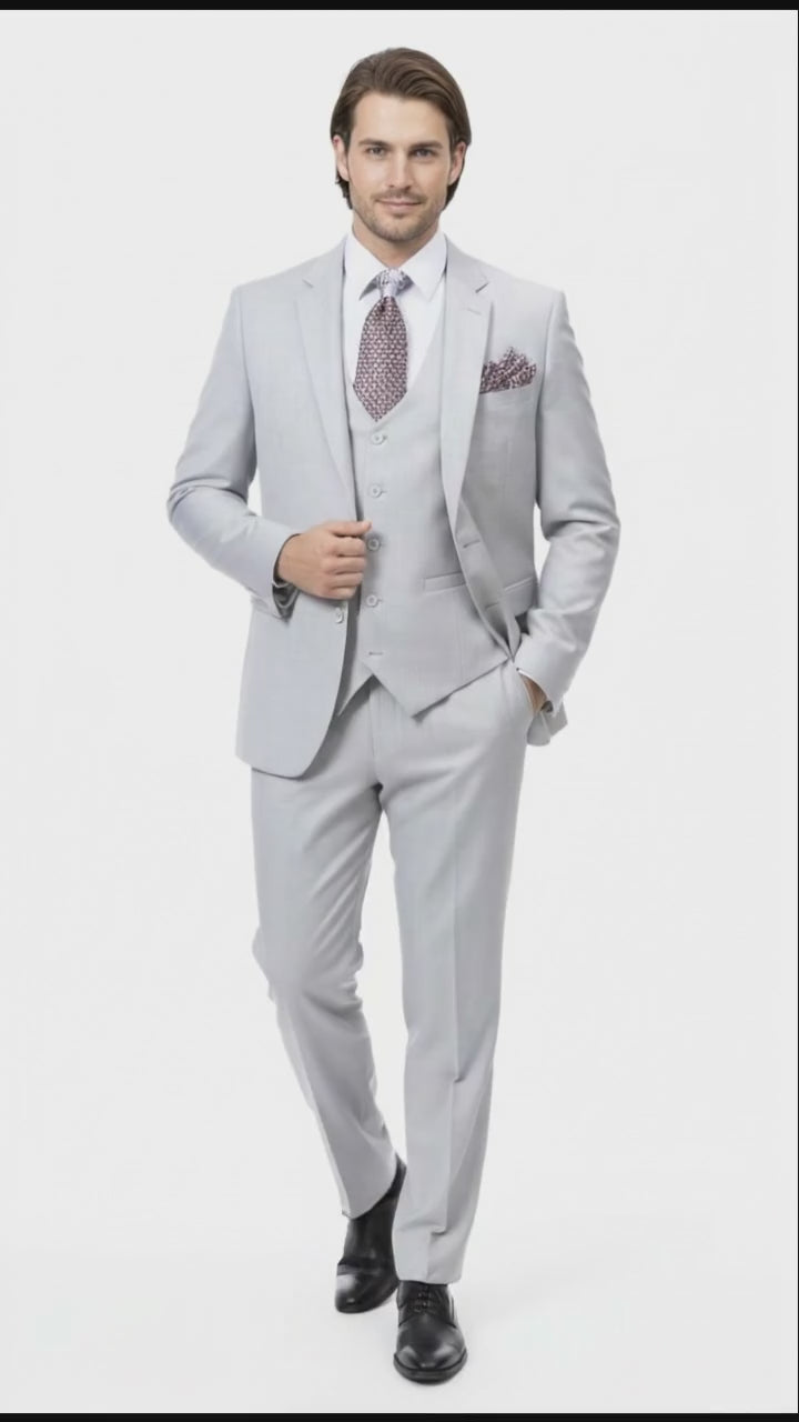 Men’s Very Light Gray Three-Piece  Wedding Suit 2 Buttons Modern or Slim Fit  Ash Bone Color Steel Grey