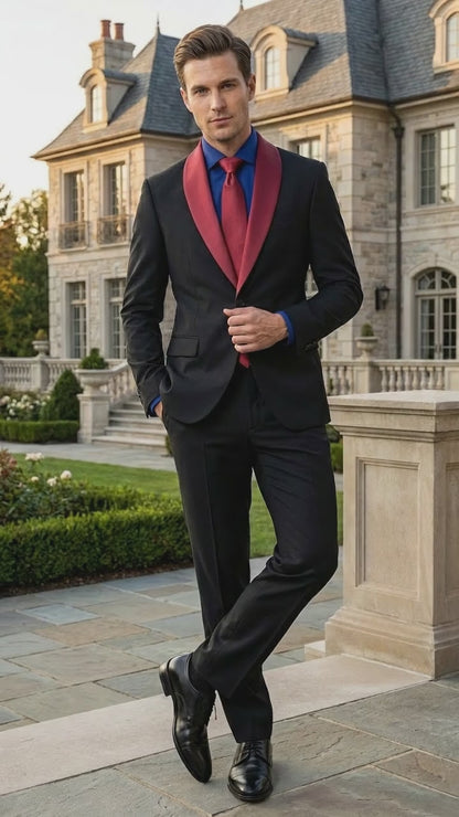 Men’s Black Suit with Burgundy Shawl Lapel –  Formal Tuxedo Suit for Wedding, Prom and Evening Events + Bowtie & Tie