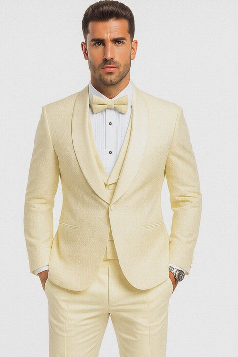 Men’s Ivory Vested Tuxedo – Stylish Floral Lace Designer Wedding Suit