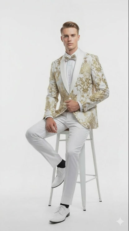 Mens White and Gold Floral Tuxedo Jacket with Satin Lapel – Luxury Prom, Wedding and Formal Dinner Blazer