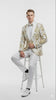 Mens White and Gold Floral Tuxedo Jacket with Satin Lapel – Luxury Prom, Wedding and Formal Dinner Blazer