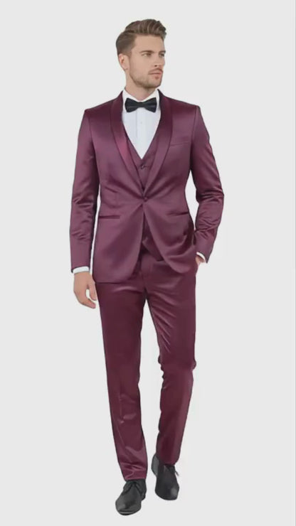 Mens Sateen Shiny Burgundy Slim Fit Tuxedo – Satin Shawl Lapel 3-Piece Suit