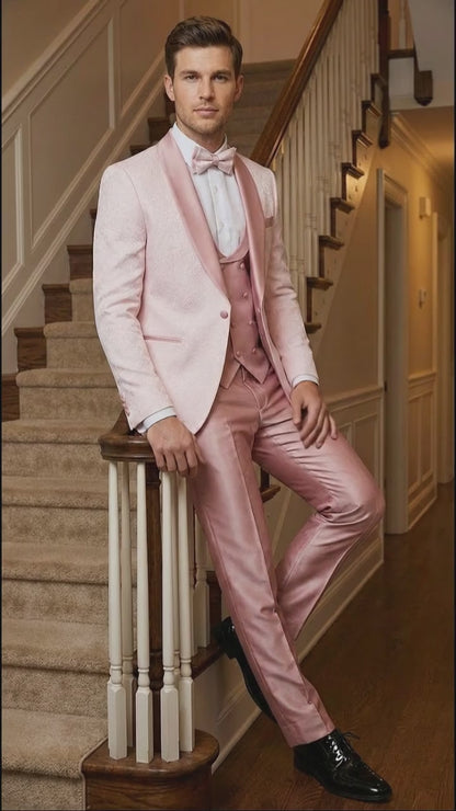 Men's Light Pink 3 Piece Tuxedo Suit Set | Shawl Lapel Formal Wedding Prom Dinner Suit in Rose Gold Color