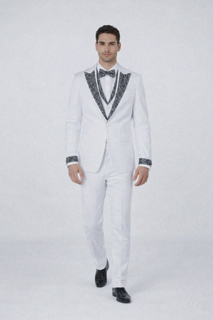 Elegant White Peak Lapel Tuxedo with Crystal Stones – 4-Piece Outfit