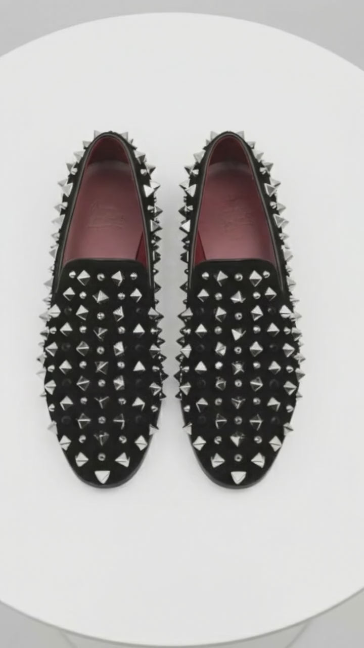 Men’s Black Studded Loafers with Silver Spikes – Luxury Slip-On Dress Shoes for Parties and Formal Events