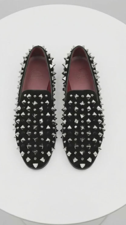 Men’s Black Studded Loafers with Silver Spikes – Luxury Slip-On Dress Shoes for Parties and Formal Events