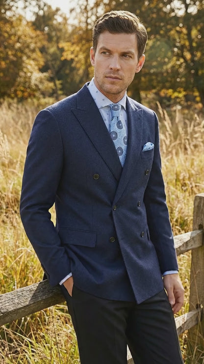 Mens Navy Blue Double Breasted Blazer – Classic Formal Suit Jacket for Business, Wedding, Office and Professional Wear