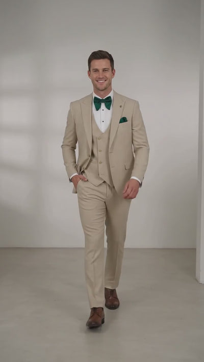 Men’s Khaki Tan 3-Piece Groomsmen Suit – Wedding Suit with Double-Breasted Vest and Pants Great Gatsby Style Gold buttons