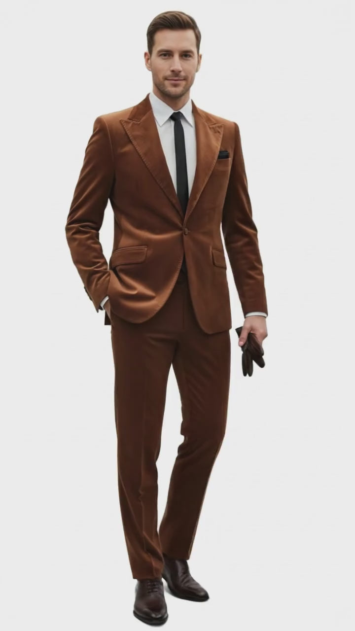 Mens Brown Velvet 2-Piece Suit – Luxury Slim Fit Formal Blazer and Pants Set in Rust Copper Color