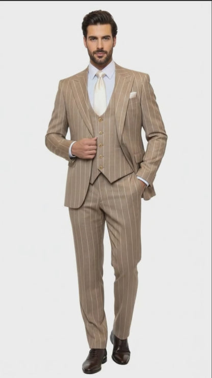 Men's Beige Pinstripe Three-Piece Vested Suit – Tailored Fit  Business Attire in Tan Stripe by Rossiman