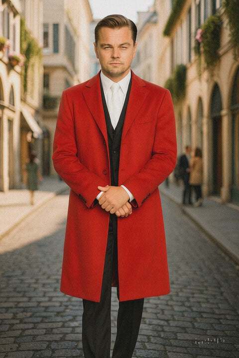 Three Buttons Red Wool Fabric Overcoat / Long men's Dress Topcoat - Winter coat