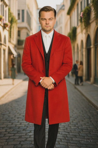 Three Buttons Red Wool Fabric Overcoat / Long men's Dress Topcoat - Winter coat