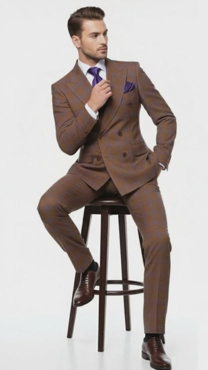 Men’s Brown Plaid Double-Breasted Suit – Premium 2-Piece Classic Checkered Windowpane Suit by Rossiman